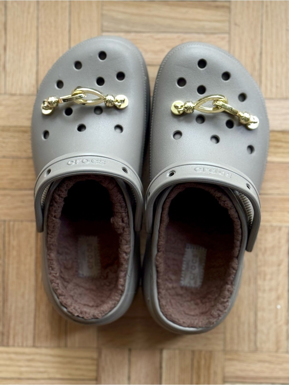 Crocs Classic Lined Clogs Taupe Brown & Gold Women’s Size 7 Faux Fur Lined NWOT